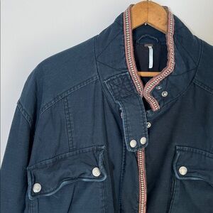 Free People Canvas Bomber Jacket Embroidered Trim Navy Blue Size Large